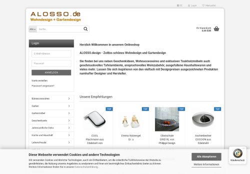 Screenshot Geschenkideen, Wohnaccessoires und exklusive Teakholzmöbel bei ALOSSO.de