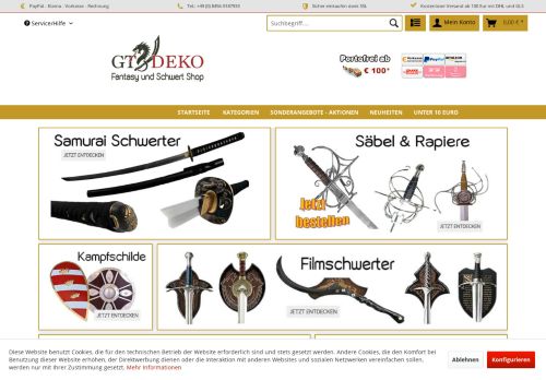 Screenshot Deko, Fantasy und Schwert Shop bei gt-deko.de