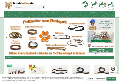 Screenshot Hundeleinen.de - Exkusives Zubehör und Elchleder