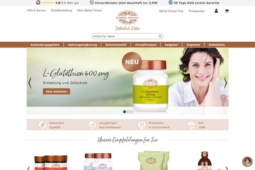 Screenshot Bärbel Drexel Online Shop: Nahrungsergänzungsmittel & Naturkosmetik