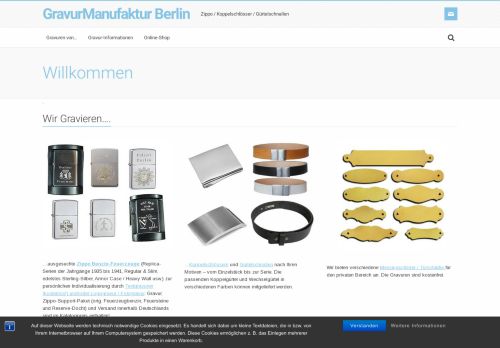 Screenshot gravurmanufaktur.de- Benzinfeuerzeuge mit kostenlosen Textgravuren