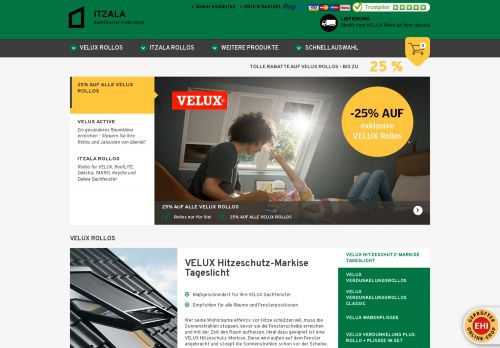 Screenshot Itzala.de: Velux Rollo für Dachfenster