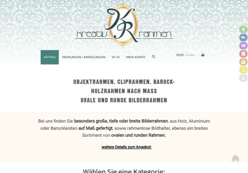 Screenshot: kreativrahmen.de - Auswahl ovaler und runder Rahmen