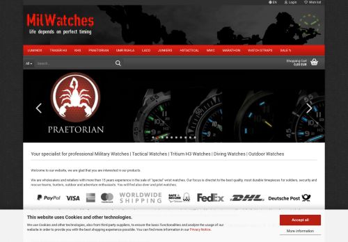 Screenshot milwatches.com - Militär und Einsatzuhren für Spezialisten.