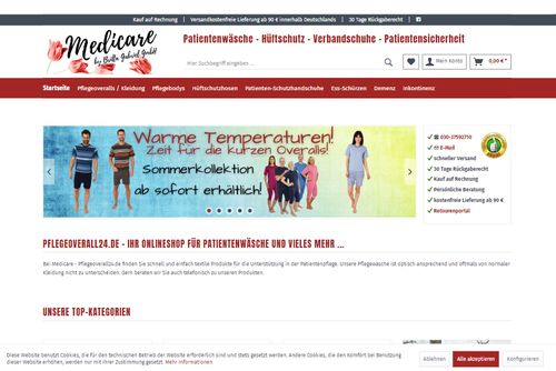 Screenshot: pflegeoverall24.de - Patientenbekleidung by Medicare