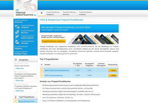 Screenshot Prepaid Kreditkarten