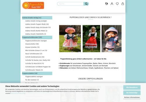 Screenshot: puppenschnitte-online.de A - Z  für Puppen / Schnittmuster & Zubehör