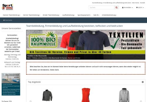 Screenshot: Vereinstextilien.de - Sportbekleidung inkl. Textildruck