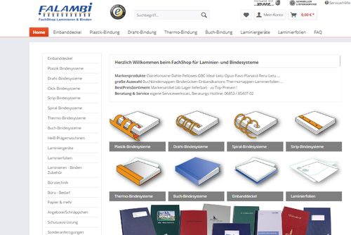 Screenshot: Falambi - Fachshop für Laminier- und Bindesysteme
