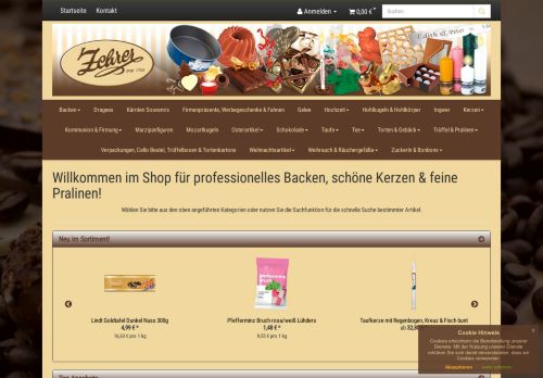 Screenshot: zehrer.at - Die süße Welt der Schokolade und feine Kerzen