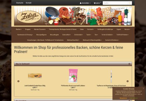 Screenshot zehrer.at - Die süße Welt der Schokolade und feine Kerzen