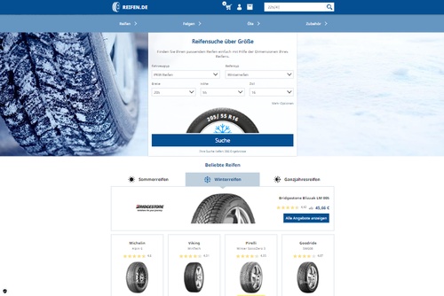 Screenshot Reifen.de Preisvergleich für Reifen und Felgen