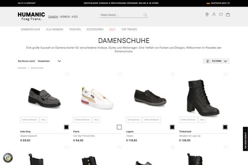 Screenshot HUMANIC.net Schuhe & Taschen online shoppen