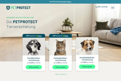 Screenshot PETPROTECT - Tierversicherungen