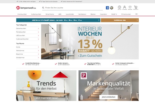 Screenshot LAMPENWELT.de - Riesenauswahl traumhafter Lampen & Leuchten
